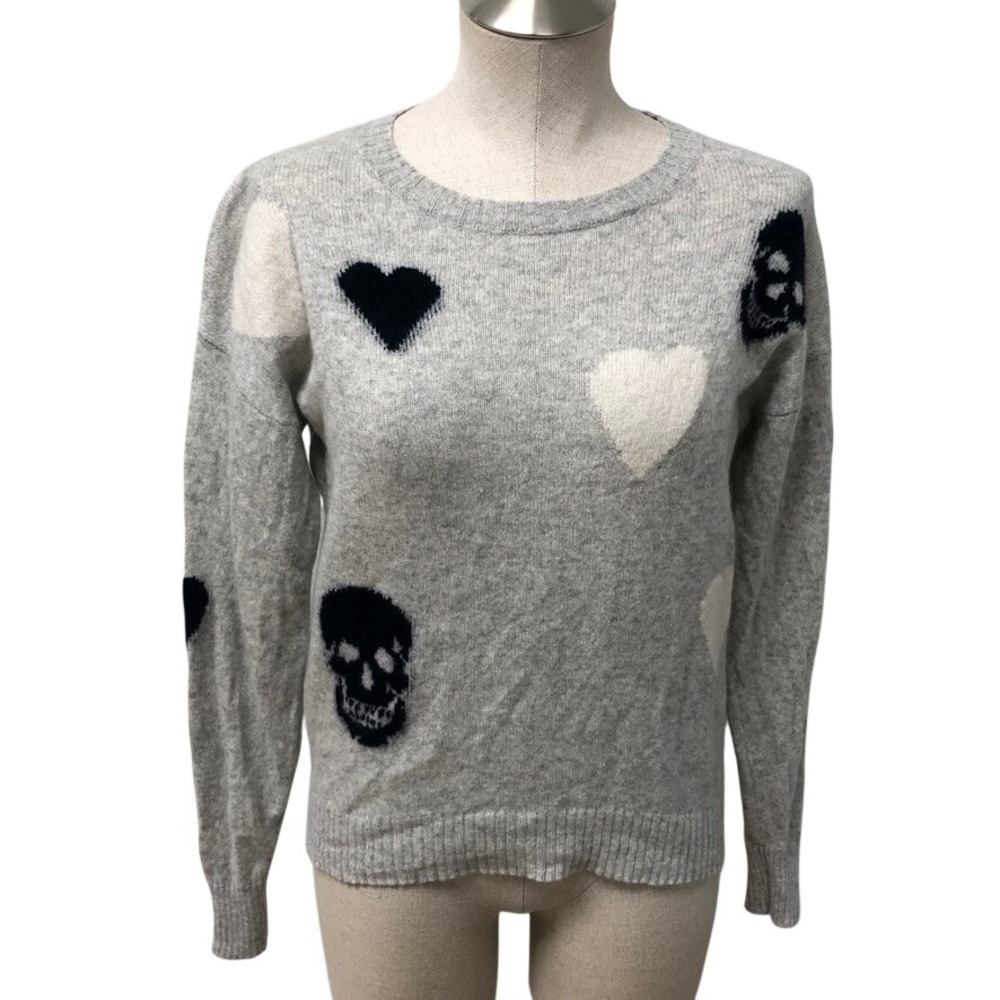 Skull Cashmere Sweater Womens S Small Gray Heart Skull Intarsia 100% Cashmere